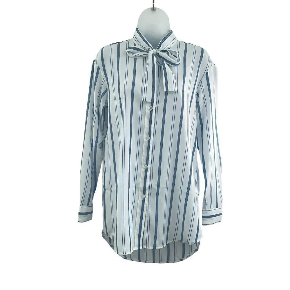 Elizabeth and James Button Down Tunic Shirt Women's XS White Blue Striped Light